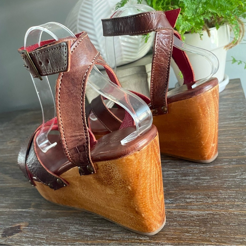 Bed|Stu Grettell Leather Wood Platform Studded Wedge Sandals 10 Brown Burgundy - Picture 6 of 12